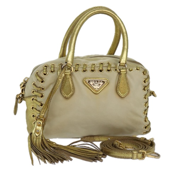 PRADA Hand Bag Nylon 2way Beige Gold Auth 85102 - Picture 1 of 16